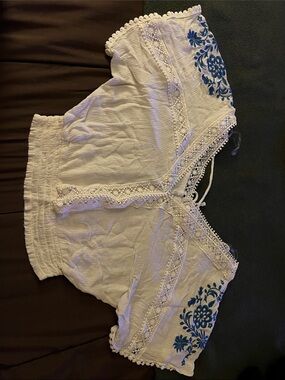 Self Esteem White Off-Shoulder Camisole with Blue Floral Embroidery